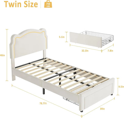 Twin Bed Frame with Upholstered Adjustable Headboard & Smart LED Velvet Princess Platform Bed for Girls/Kids Wood Slats Support