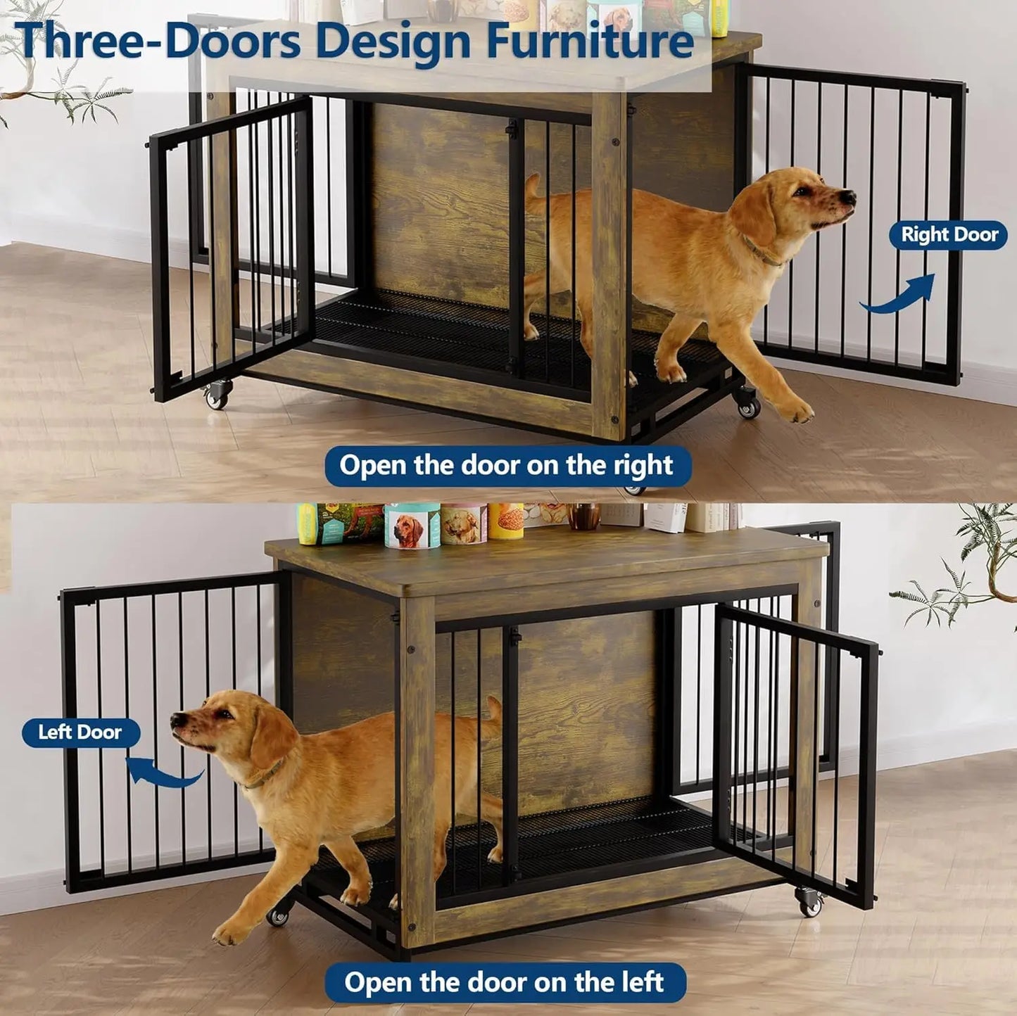 Wooden Dog Crate Furniture with 3 Doors & Wheels Heavy Duty Indoor Dog Kennel Side Table - Removable Tray, Pet House Cage Crate