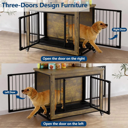 Wooden Dog Crate Furniture with 3 Doors & Wheels Heavy Duty Indoor Dog Kennel Side Table - Removable Tray, Pet House Cage Crate