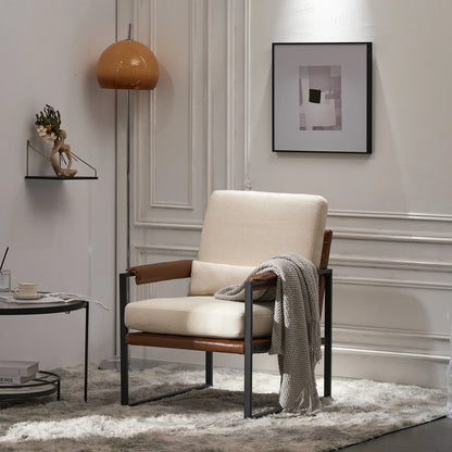 Single Iron Frame Chair Soft Cover Beige Brown Honeycomb Leather Armrest Frame Indoor Leisure Chair
