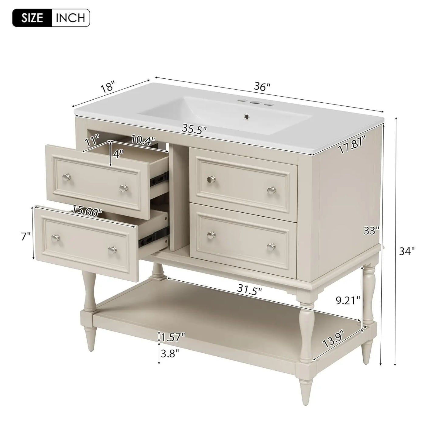 Bathroom Vanity with Sink Farmhouse Storage Cabinet 4 Drawers Open Shelf Solid Wood Frame