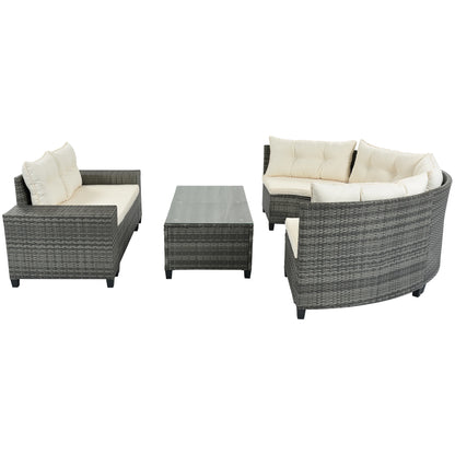 8-pieces Outdoor Wicker Round Sofa Set, With Rectangular Coffee Table