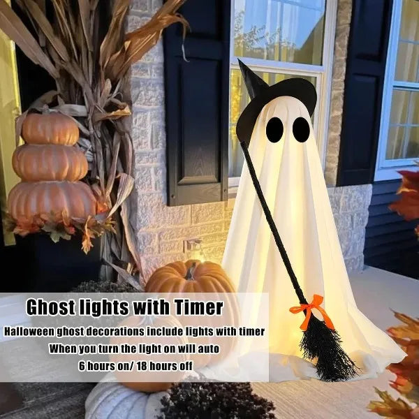 Spooky Ghost Halloween Decor with Witch Broom, Scary Ghosts Decor with LED Lights