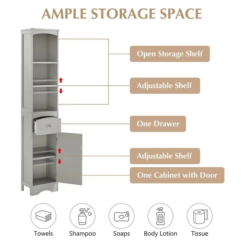 Freestanding Tall Bathroom Storage Cabinet, MDF with Drawer, Adjustable Shelf, Grey Finish