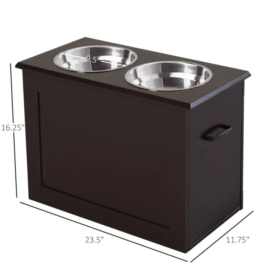 PawHut Raised Dog Feeding Station with 2 Stainless Steel Bowls Storage Large Pets Dark Brown