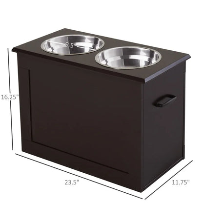 PawHut Raised Dog Feeding Station with 2 Stainless Steel Bowls Storage Large Pets Dark Brown