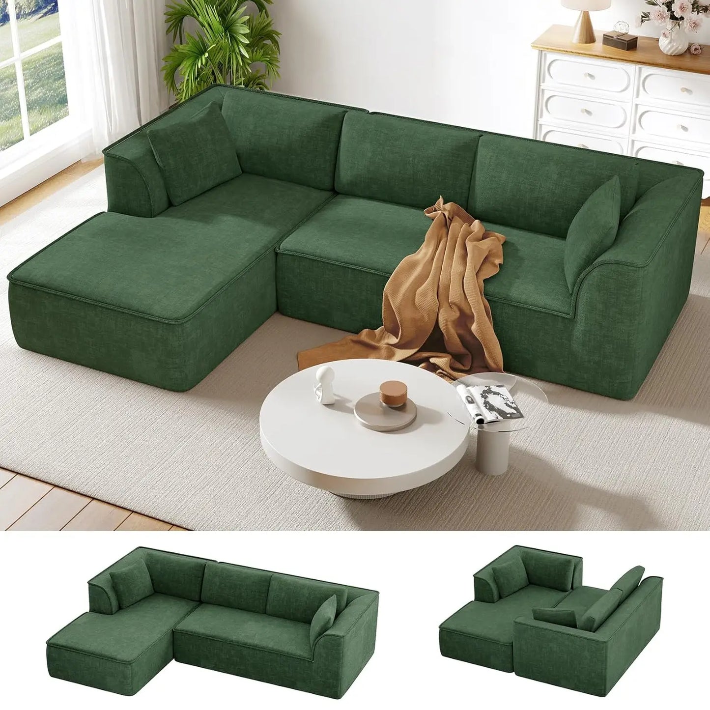 Boneless Couch with Chaise, Deep Seat Comfy Cloud Modular Sofa Corduroy Memory Foam Sectional Couches