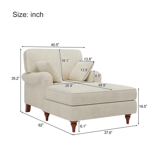 Oversized Chaise Lounge Chair Indoor with 2 Comfy Pillows Rolled Arms Corduroy Fabric Sleeper Sofa Chair for Living Room