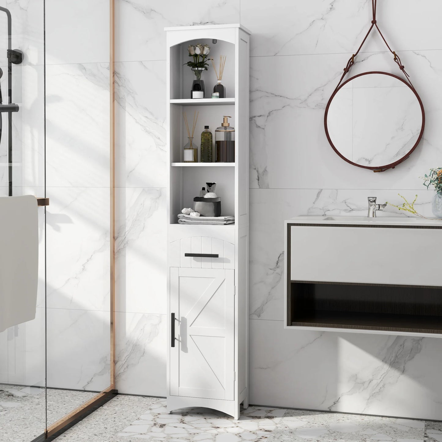 Tall Bathroom Storage Cabinet, Farmhouse Narrow Bathroom Storage Cabinet with Recessed Drawer and Barn Door, White