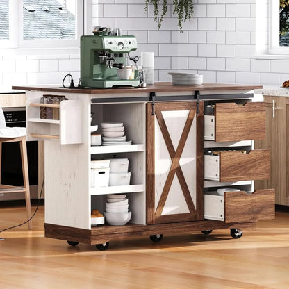 Kitchen Rolling Island with Drop Leaf, Mobile Island for Kitchen with Barn Door,for Home, Dining Room (White)
