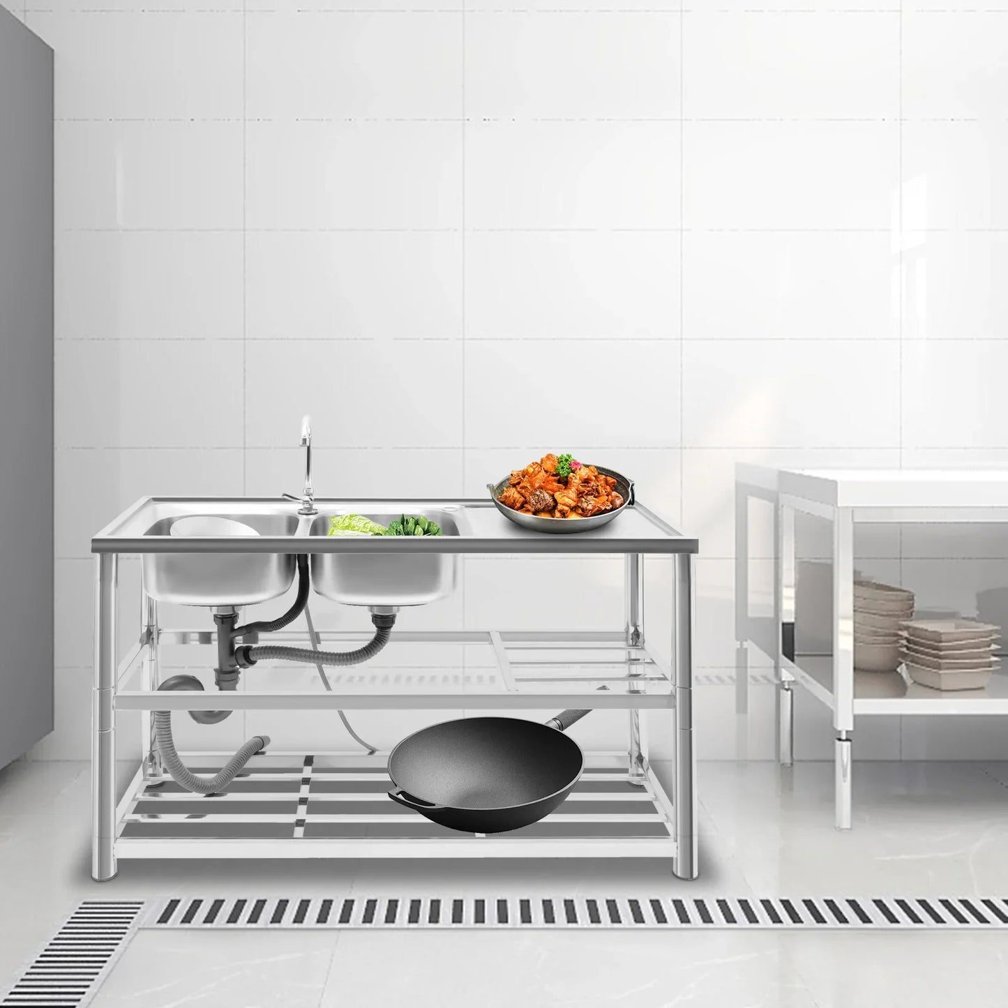 Double-layer Sink Kitchen and Commercial Sink with Drainage Device and Faucet