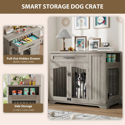 Furniture Style Dog Crate Heavy Duty Wooden Dog Kennel With Drawer Side Storage & Built-in Feeding Station For Pets
