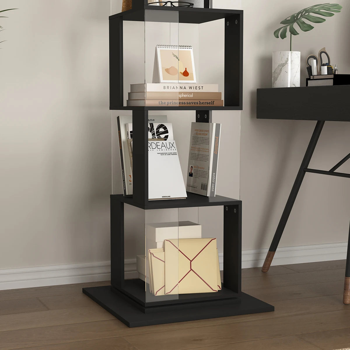 Bookshelf Tower, Floor Standing Wood Narrow Organizer