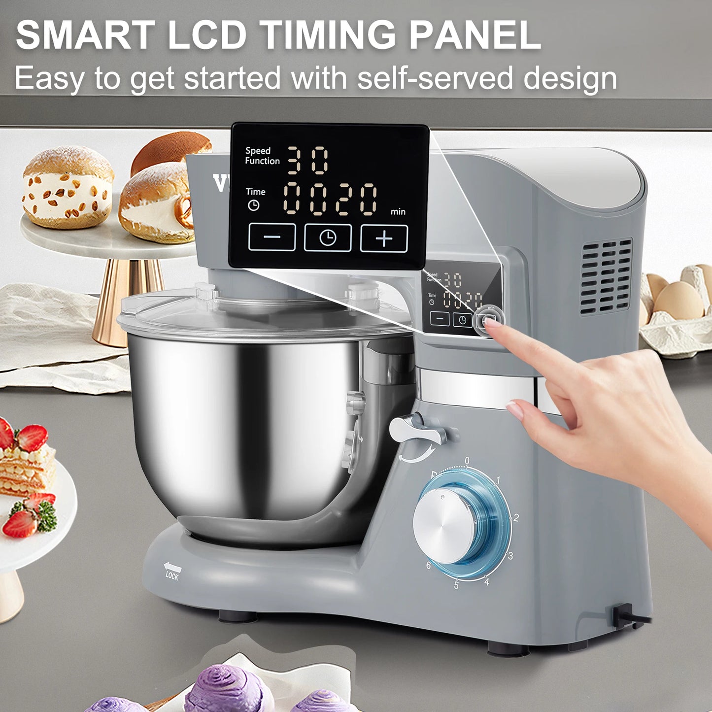 Stand Mixer Electric Dough Mixer with 6 Speeds LCD Screen Timing 5.8 Qt Stainless Steel Bowl Dough Hook Flat Beater