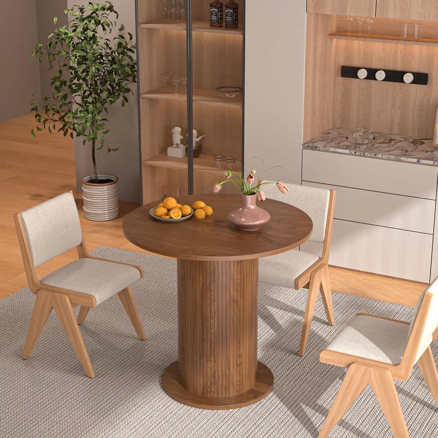Round Dining Table for 2, Modern Farmhouse Kitchen Table, Small Circle Dining Tables with Wood Strip Base, Customized
