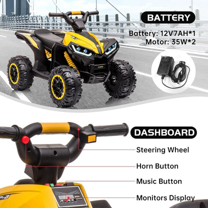 12V Kids Ride On ATV, Electric Battery, Powered Four Wheeler with Music, Led Lights, Soft Start, USB Port, and Treaded Tires