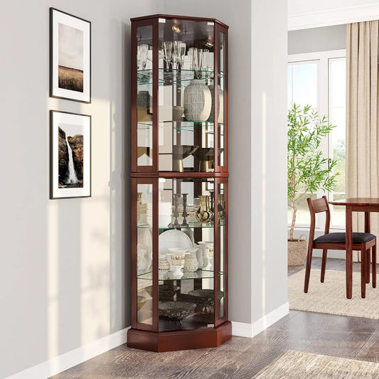 Lighted Corner Display Curio Cabinet,72" Tall Wooden Curved Shelving Unit with Tempered Glass Door, Bar and Liquor Storage Area