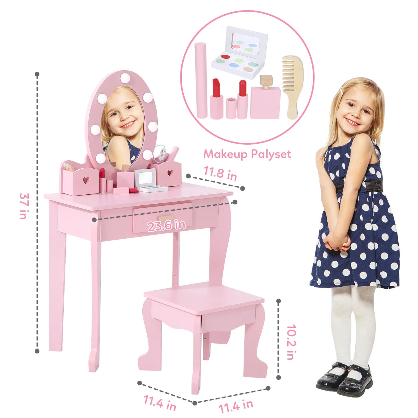 Girls' Vanity Table and Chair Set, Kids Makeup Dressing Table