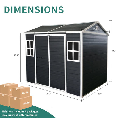 8x6ft Outdoor Resin Garden Shed with Floor and 2 Windows, Plastic Patio Outdoor Storage Shed with Lockable Door for Garden Tools