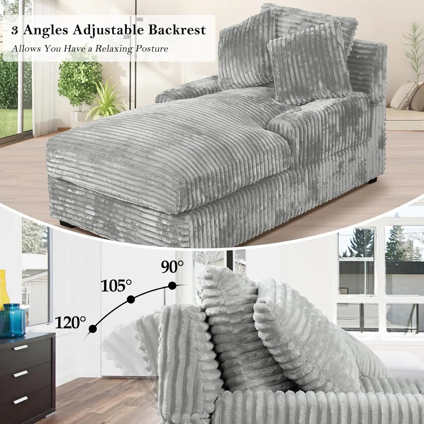 Adjustable Backrest Chaise Lounge Sofa Bed w/ Lumbar Pillows Upholstered Sleeper for Living Room Bedroom Office