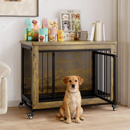 Wooden Dog Crate Furniture with 3 Doors & Wheels Heavy Duty Indoor Dog Kennel Side Table - Removable Tray, Pet House Cage Crate