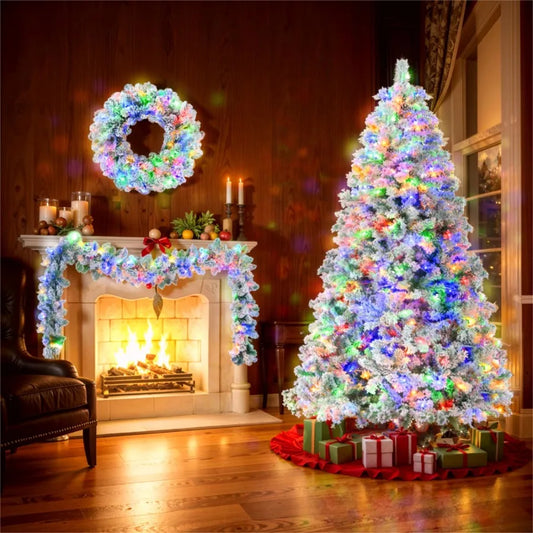6FT Snow Flocked Christmas Tree PreLit Set with Tree Garland Wreath