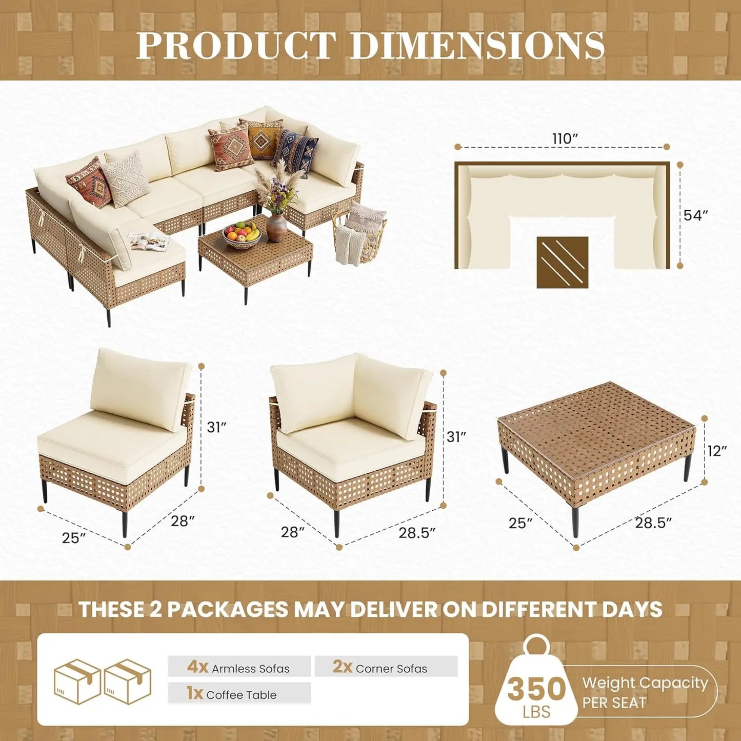 Wicker Patio Furniture Set, 7-Piece Modular Outdoor Furniture Set, High-Leg Design Sectional Patio Sofa