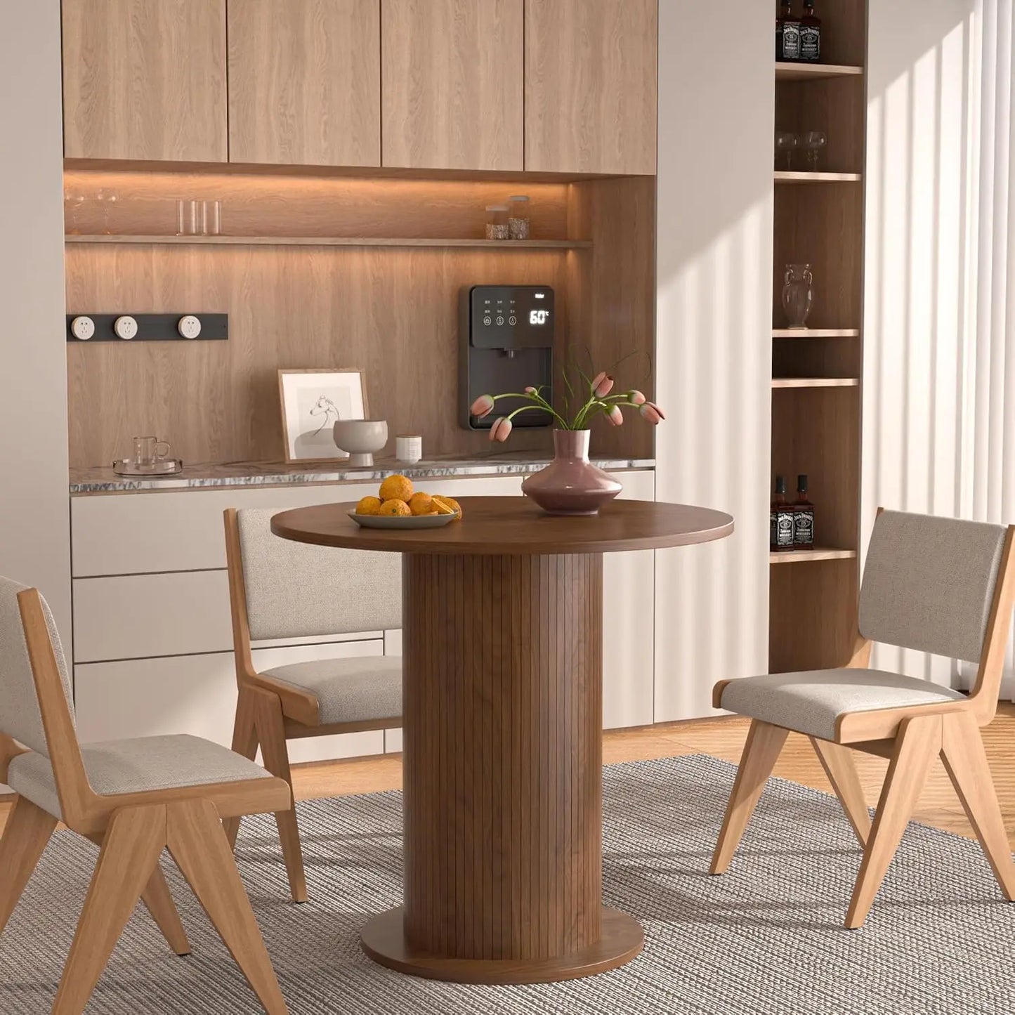 Round Dining Table for 2, Modern Farmhouse Kitchen Table, Small Circle Dining Tables with Wood Strip Base, Customized