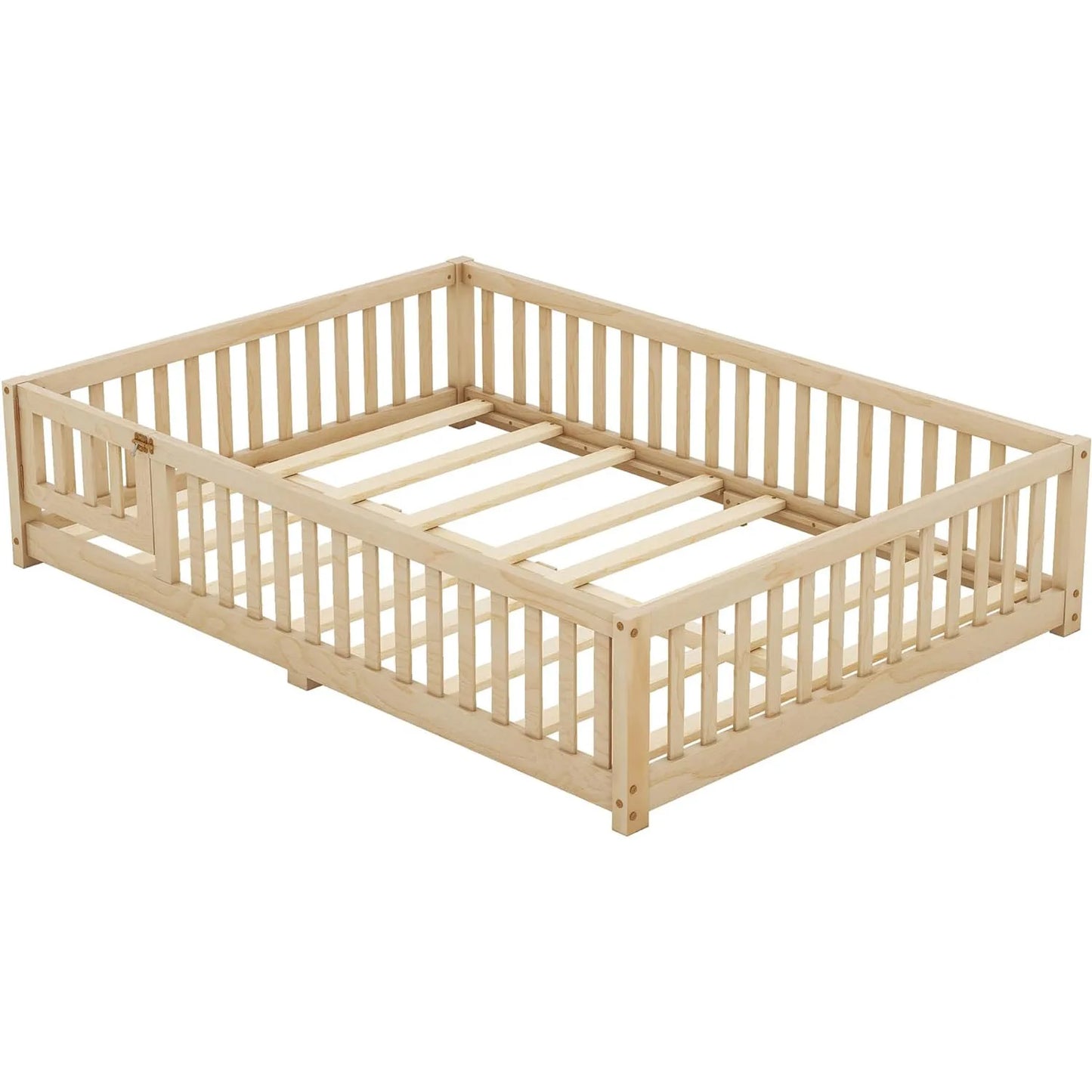 Toddler Floor Bed Frame with Safety Guardrails Doors Wood Slat Support Bed Detachable Platform Bed for Kids Bedroom Nursery