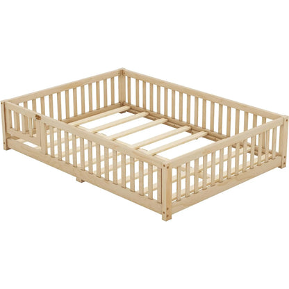 Toddler Floor Bed Frame with Safety Guardrails Doors Wood Slat Support Bed Detachable Platform Bed for Kids Bedroom Nursery