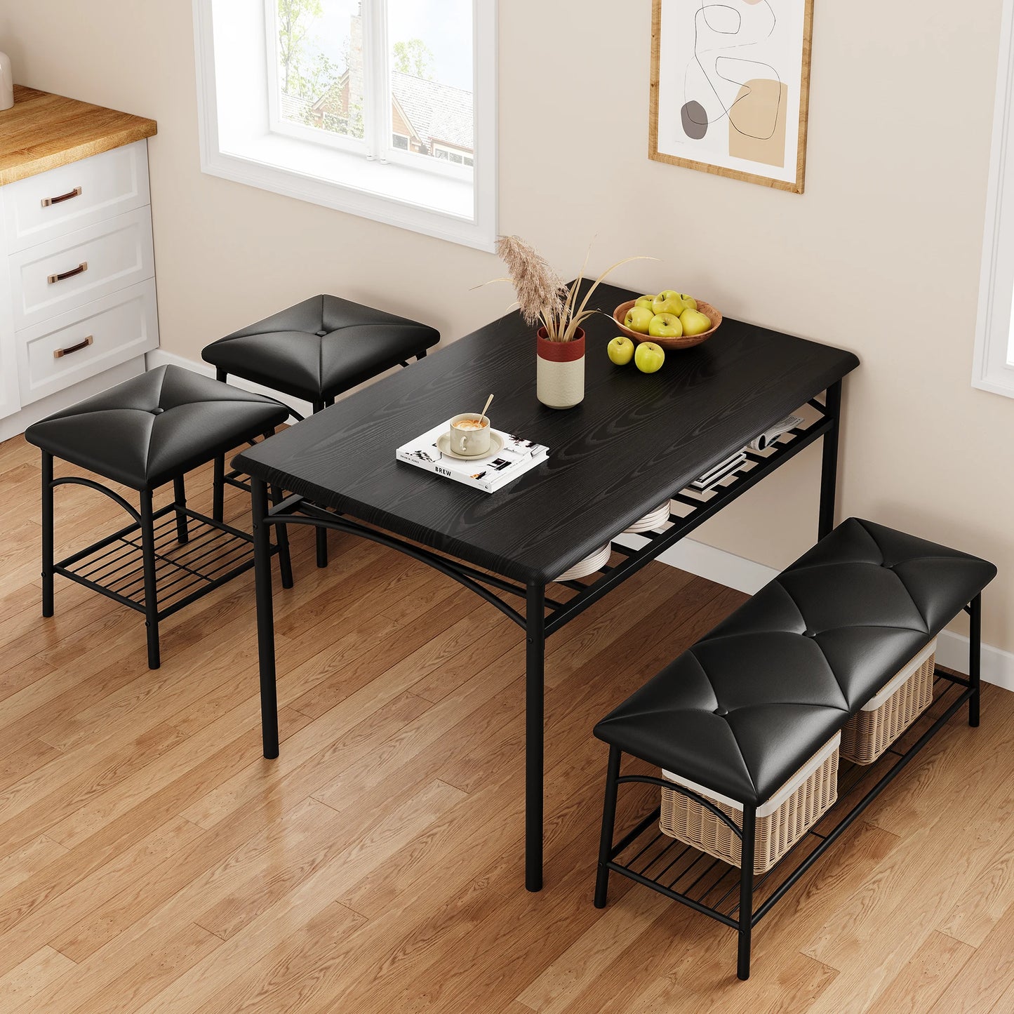 Dining Table Set for 4, Kitchen Table Set with Upholstered Bench and Square Stools, Metal and Wood Dining Room Table Set