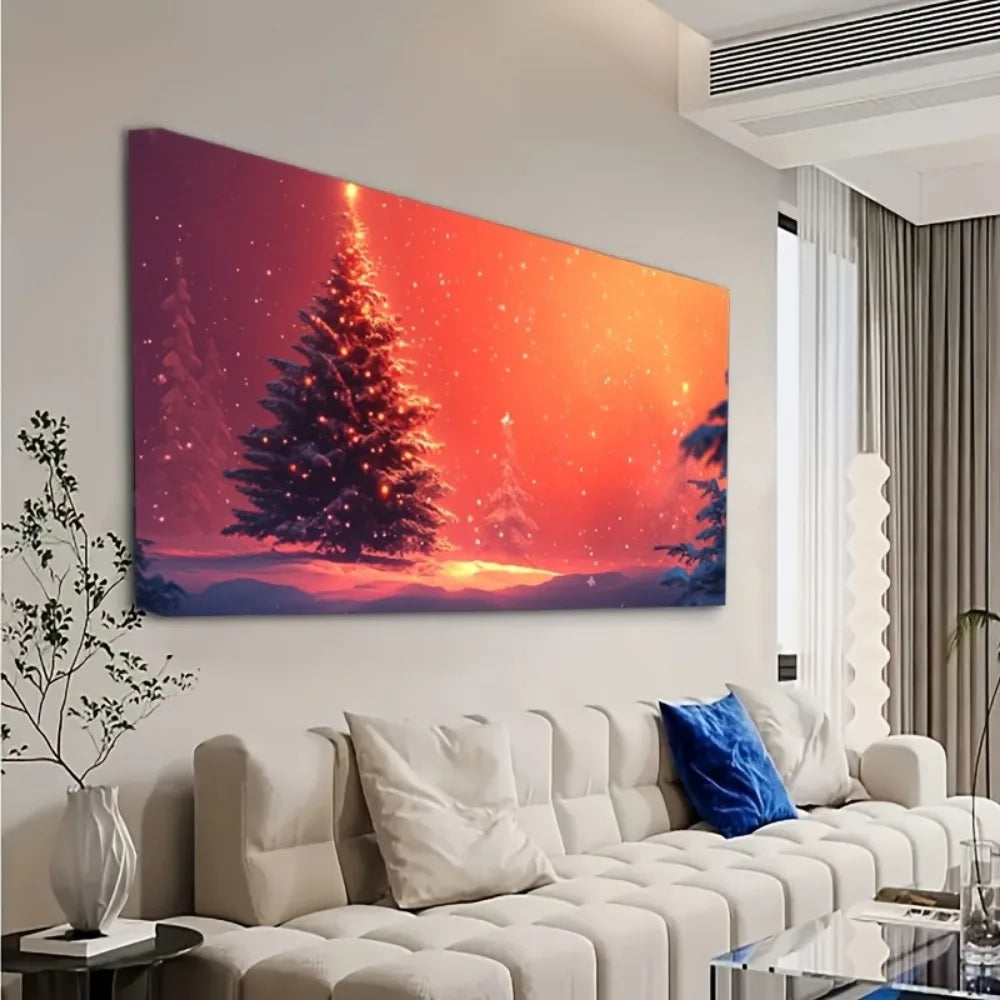 A Christmas tree landscape in a dreamy night scene, adding festive atmosphere and joy, with a 1.5 inch thick solid wood frame