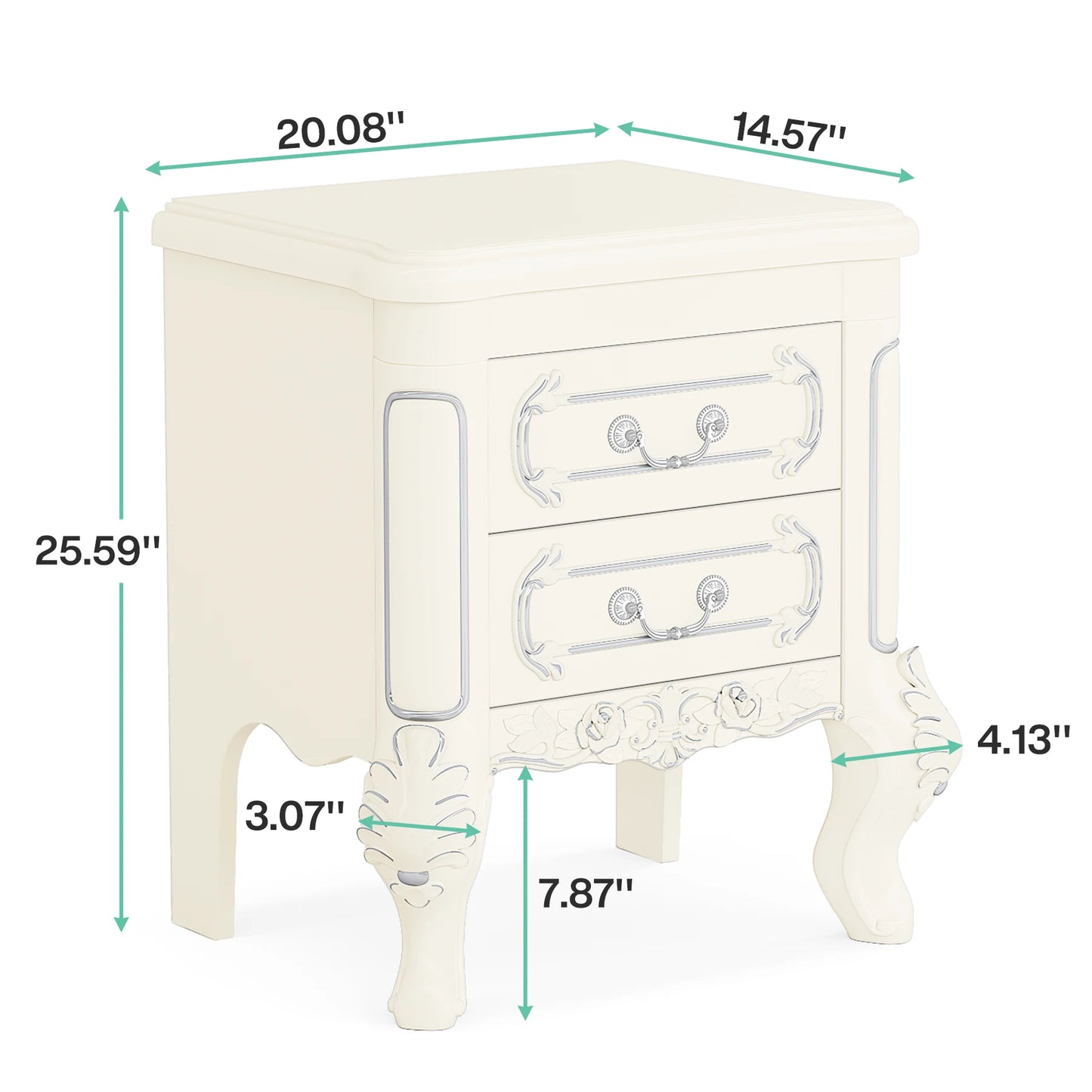 White Nightstand, End Table with 2 Drawers, Side Table