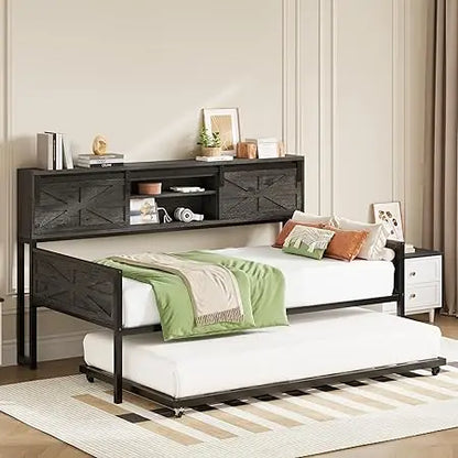 Daybed with Trundle, Rustic Bed Twin with Storage and Charging Station
