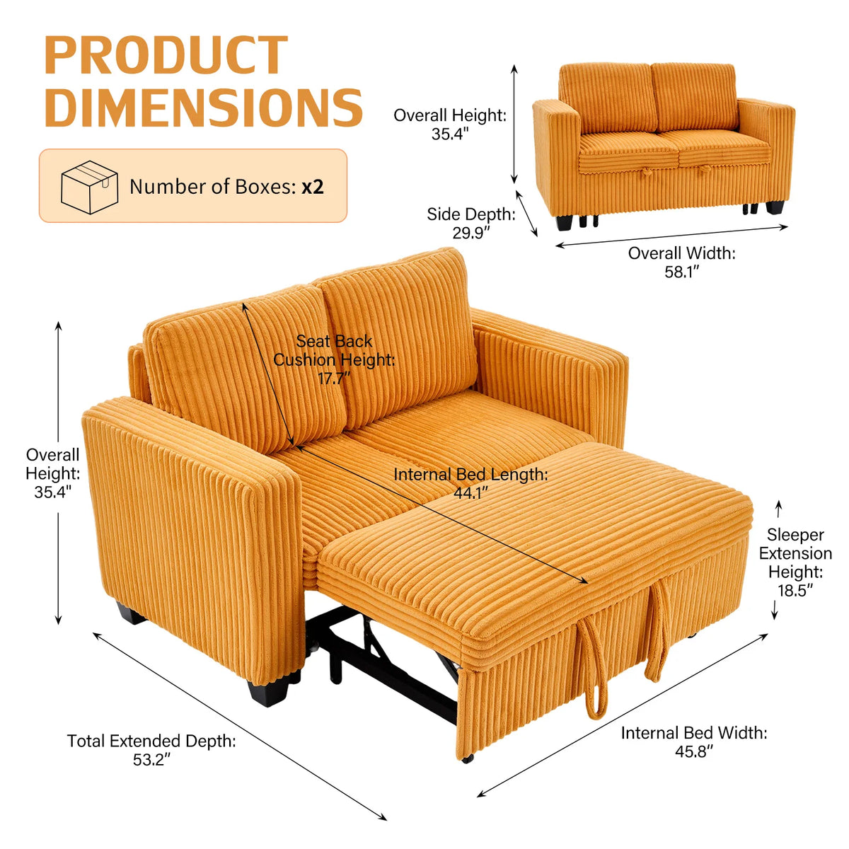 Two-seater Couple Sofa Corduroy Convertible Double Sofa Bed