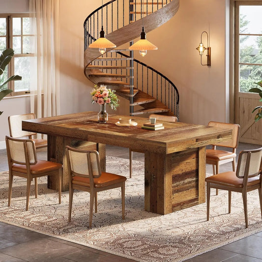 Farmhouse Dining Table for 6, Rectangle Wooden Kitchen Table with Heavy-Duty Legs, Rustic Large Dining Room, Customized