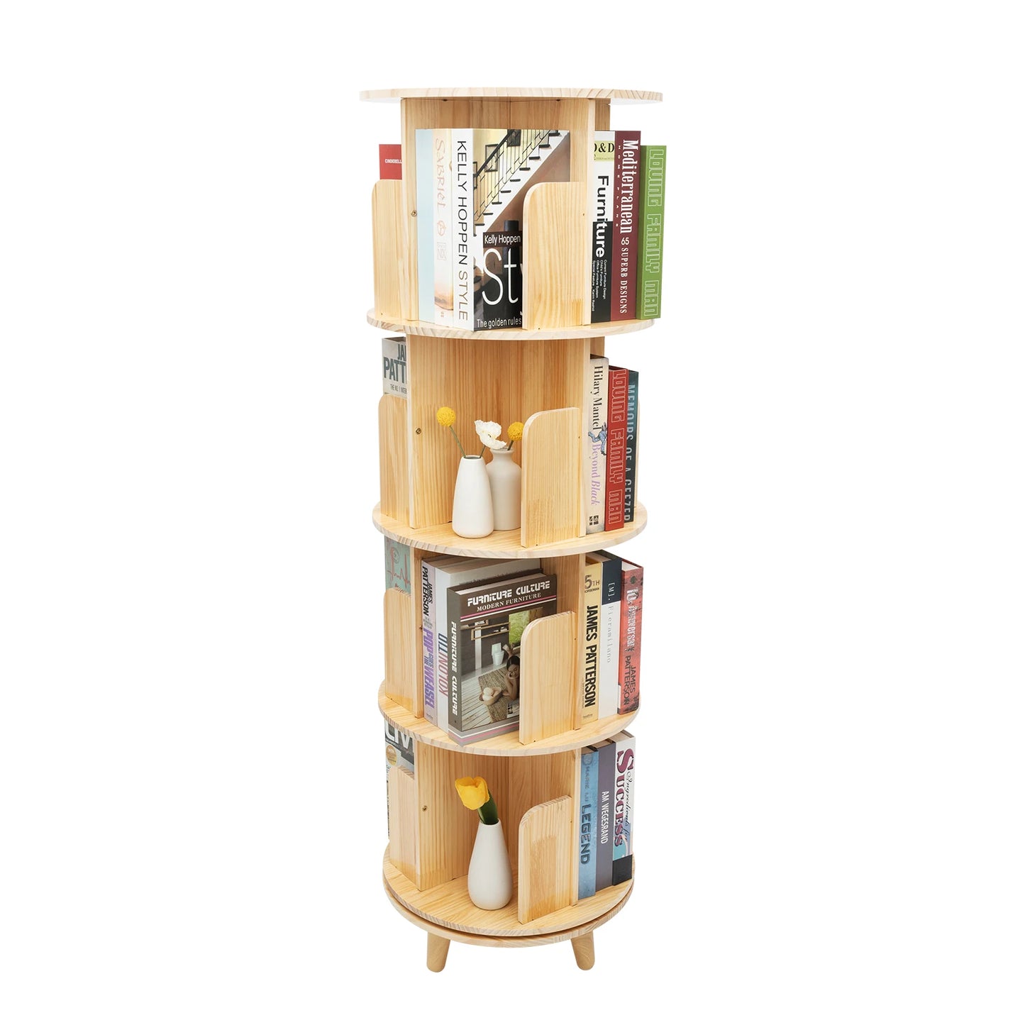 4 Tier Rotating Bookshelf with Legs,Floor Standing Stackable Wood Round Bookshelf 360 Display Book Shelf for Living Room Bedroom
