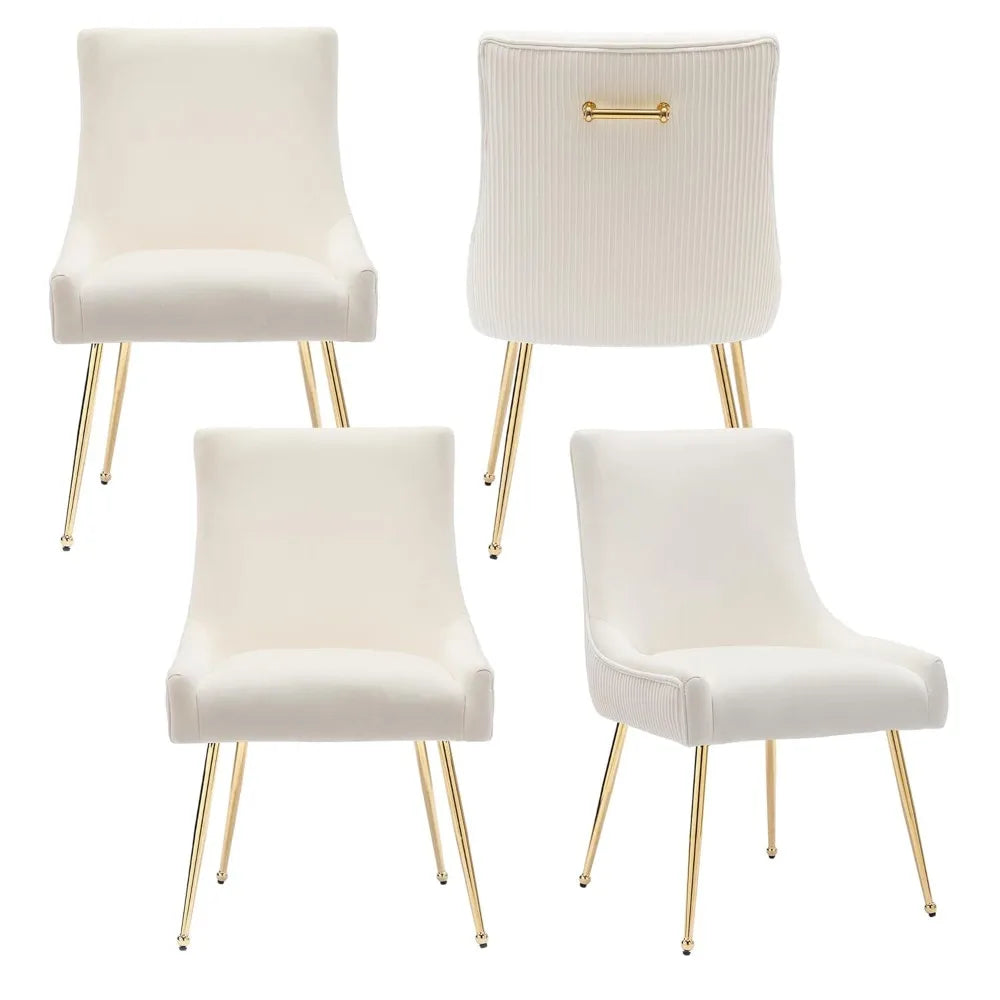 Velvet Dining Chairs Set of 4, Modern Upholstered Kitchen Chair with Pull Handle & Pleated Back, Mid Century Accent