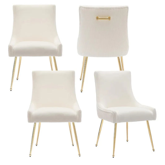 Velvet Dining Chairs Set of 4, Modern Upholstered Kitchen Chair with Pull Handle & Pleated Back, Mid Century Accent