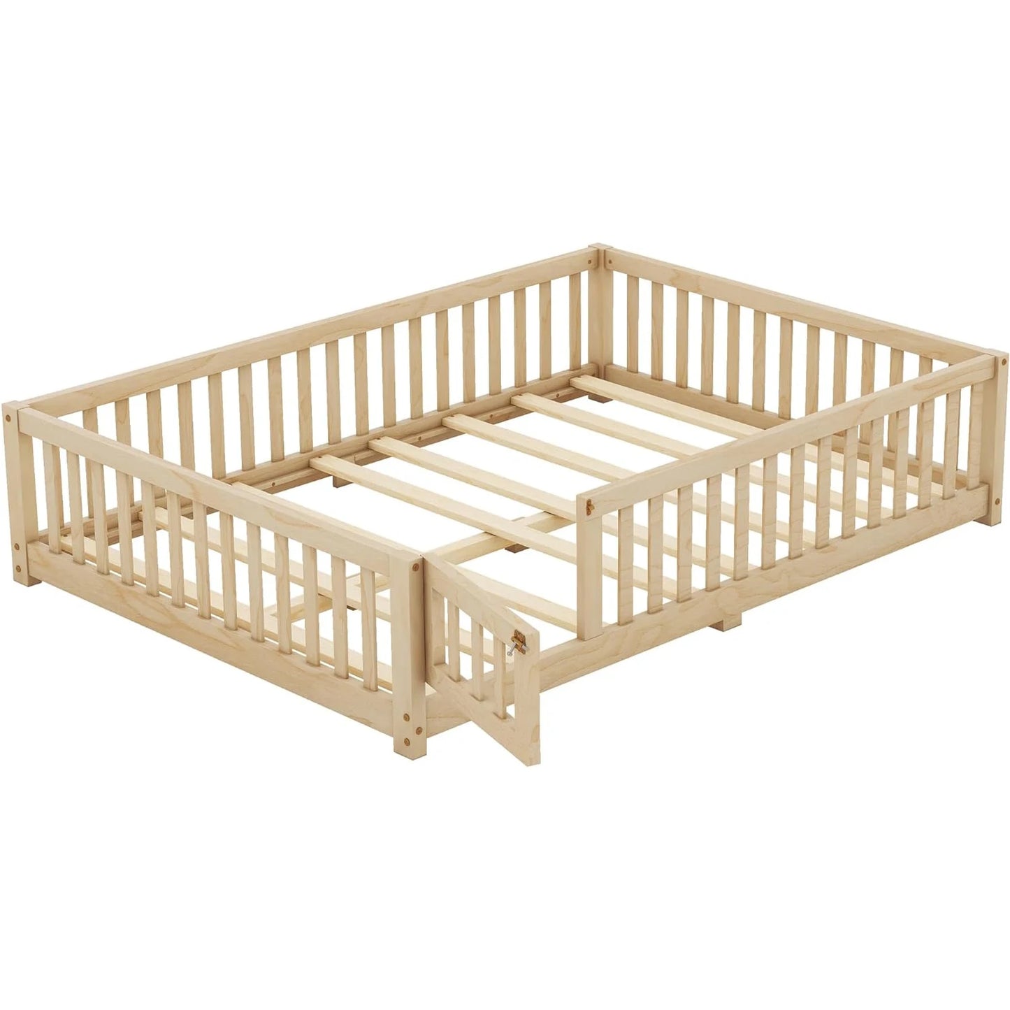 Toddler Floor Bed Frame with Safety Guardrails Doors Wood Slat Support Bed Detachable Platform Bed for Kids Bedroom Nursery