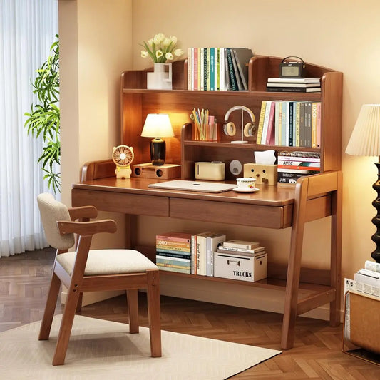 Desk and Chair Set Wooden Children's Learning Table and Chair with Hutch and Two Drawers