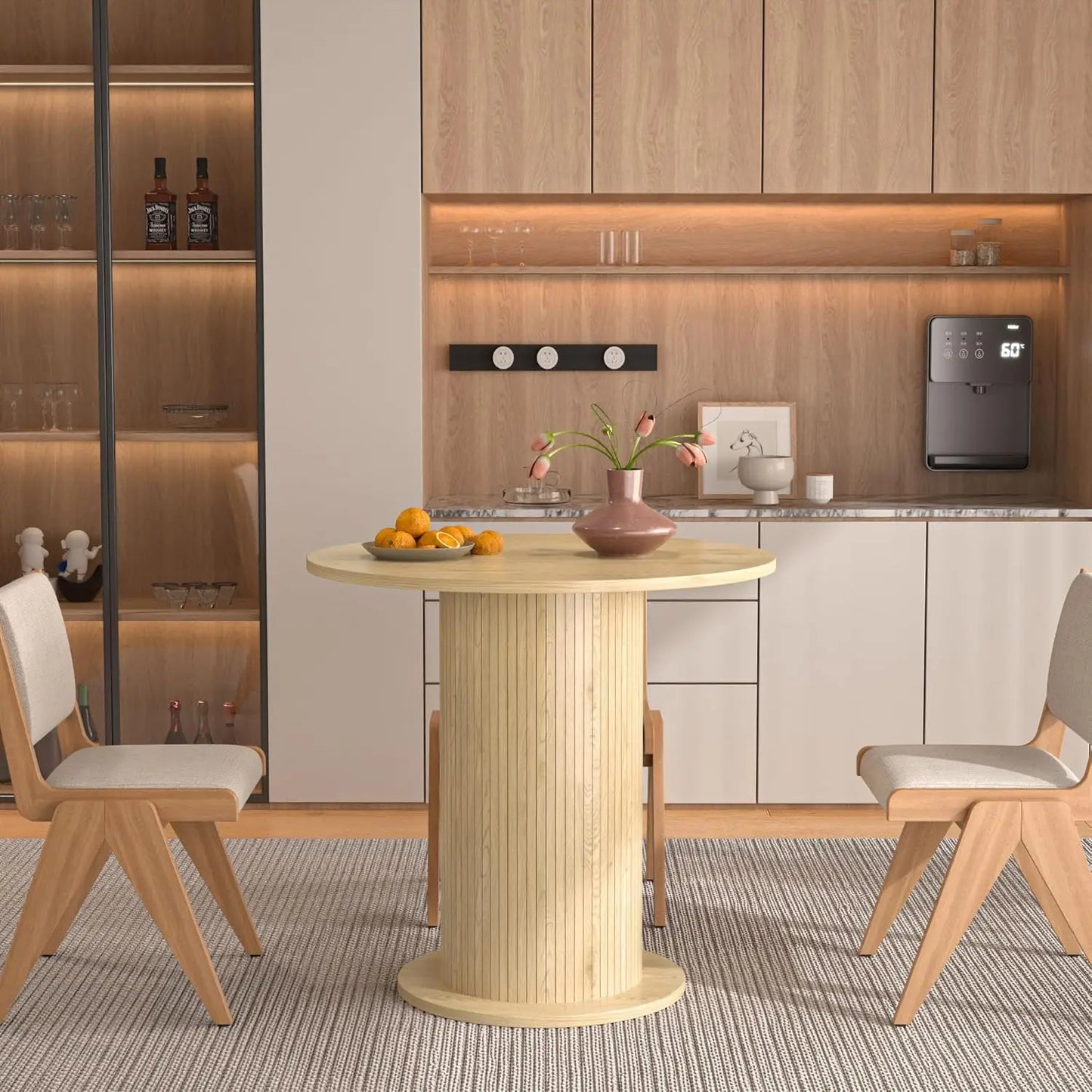 Round Dining Table for 2, Modern Farmhouse Kitchen Table, Small Circle Dining Tables with Wood Strip Base, Customized