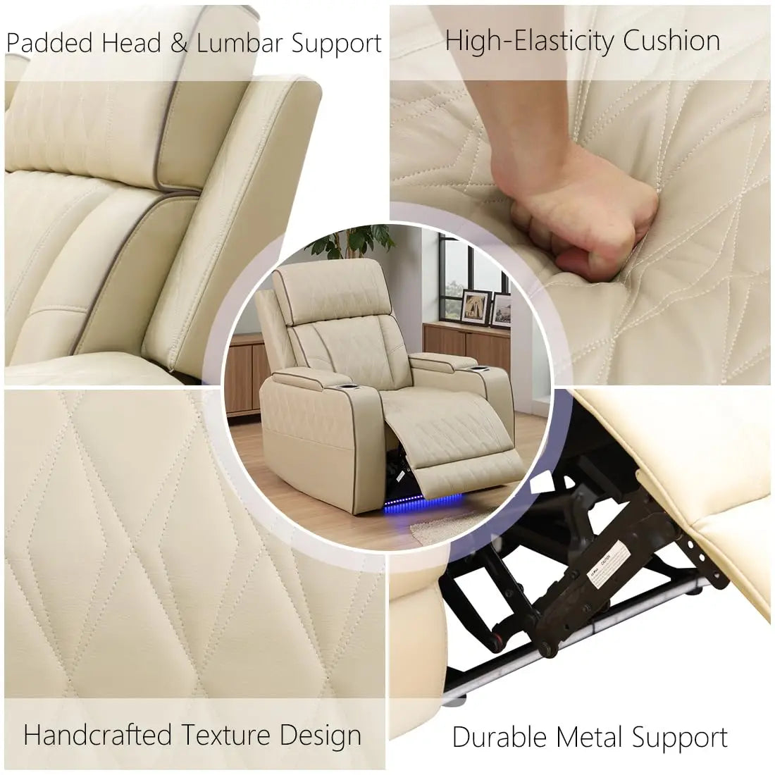 Leather Power Recliner Chair with LED, Luxury Reclining Chair Sofa, Living Room Furniture Sets, Premium Breathing, Customized
