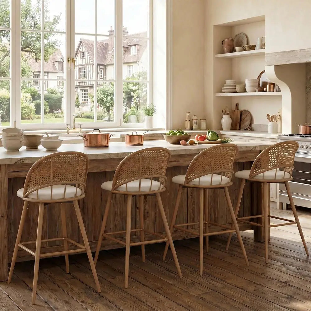 Barstool's Set of 4 w Rattan Backrest, Swivel Counter Height Bar stools w Metal Legs, Boho Bar stools with