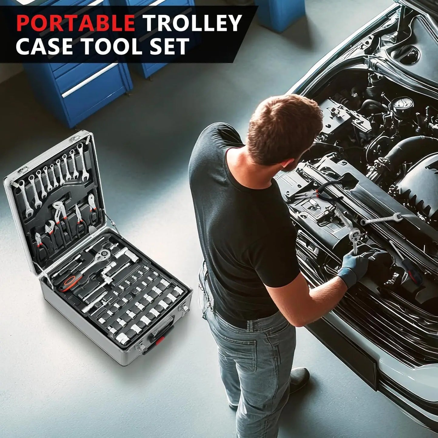 Tool Set Home Repair Tool kit with Trolley Case Mechanic Wrenches Socket Hand Tools for Daily Use Househould Work Repair