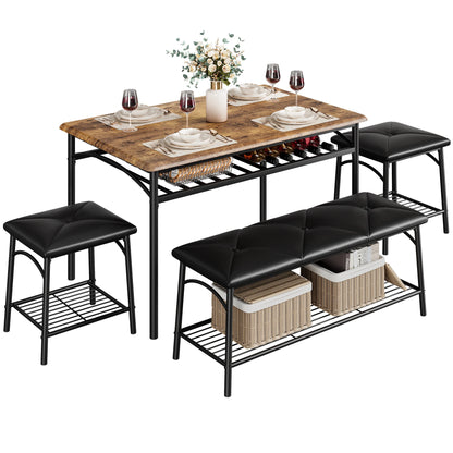 Dining Table Set for 4, Kitchen Table Set with Upholstered Bench and Square Stools, Metal and Wood Dining Room Table Set