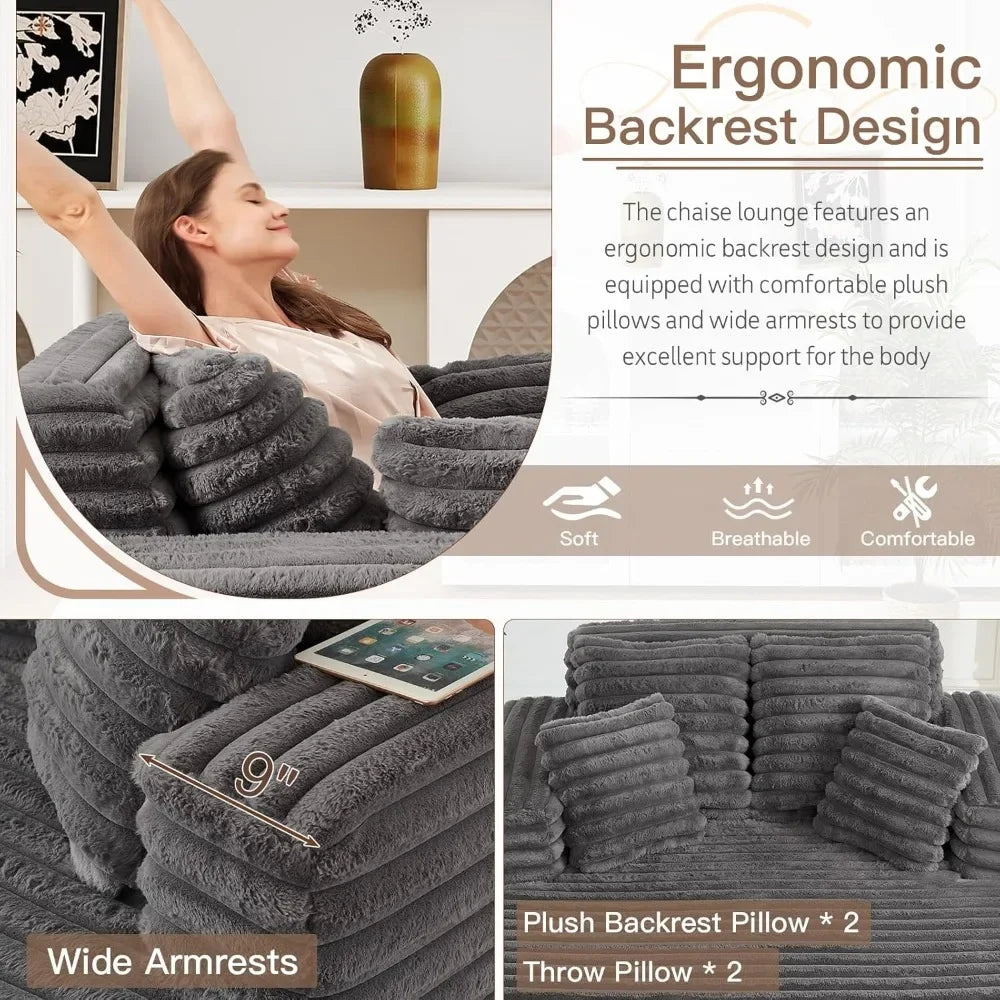 Oversized Chaise Lounge Chair Indoor Plush Faux Fur Sleeper Sofa Couch Bed with Pillows Wide Armrests Fluffy Cloud Couch