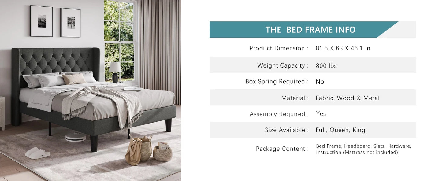Classic Bed Frame with Button Tufted Wingback Headboard Platform Bed