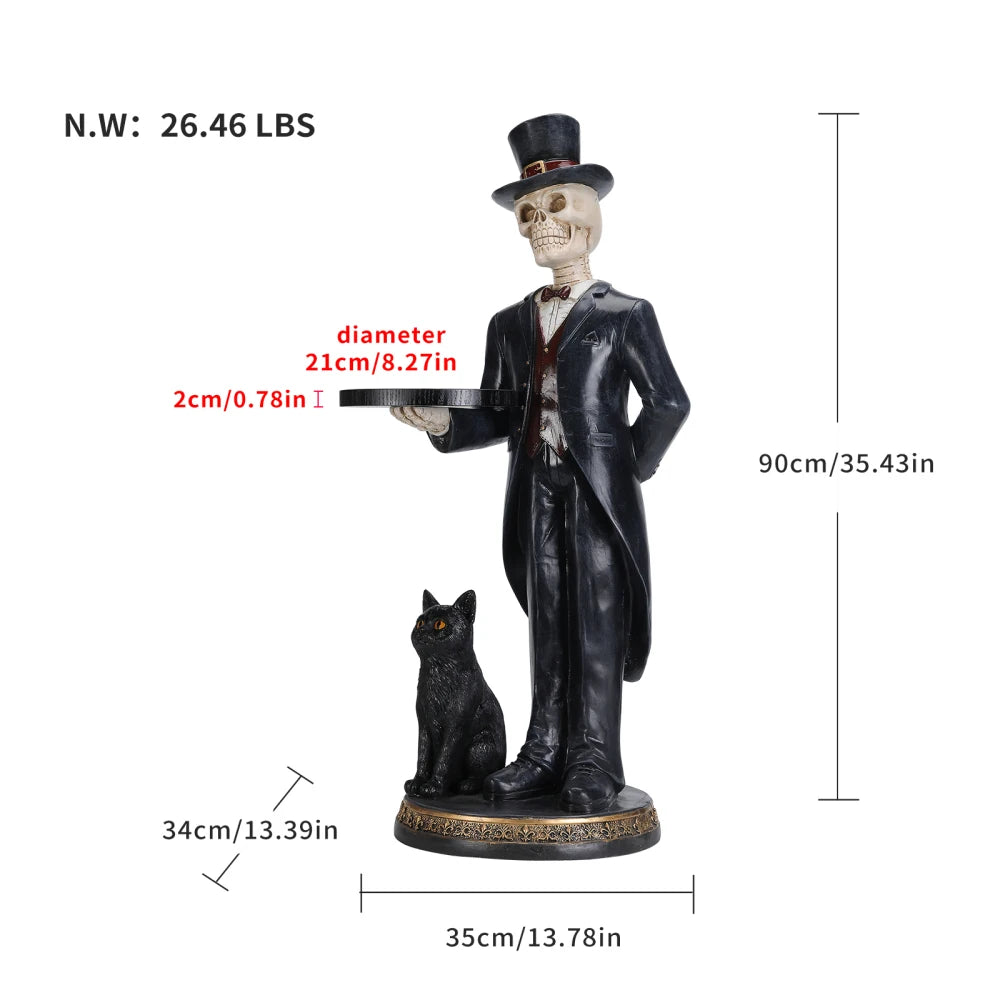 Halloween Skeleton Butler Floor Statue with Serving Tray and Black Cat for Home Entryway
