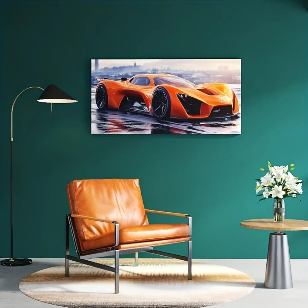 Stylish retro orange sports car, art canvas painting artwork, modern decorative poster, 1.5 inch thick pine solid wood frame